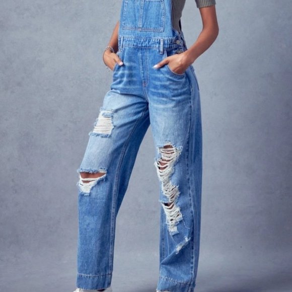 KanCan Blue Distressed Denim Overalls - Picture 2 of 4